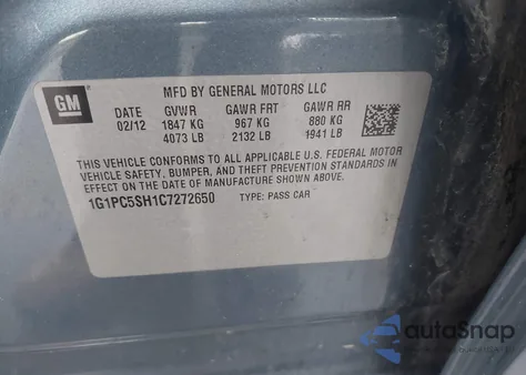 2012 Chevrolet Cruze Ls из США, поврежденный, VIN 1G1PC5SH1C7272650